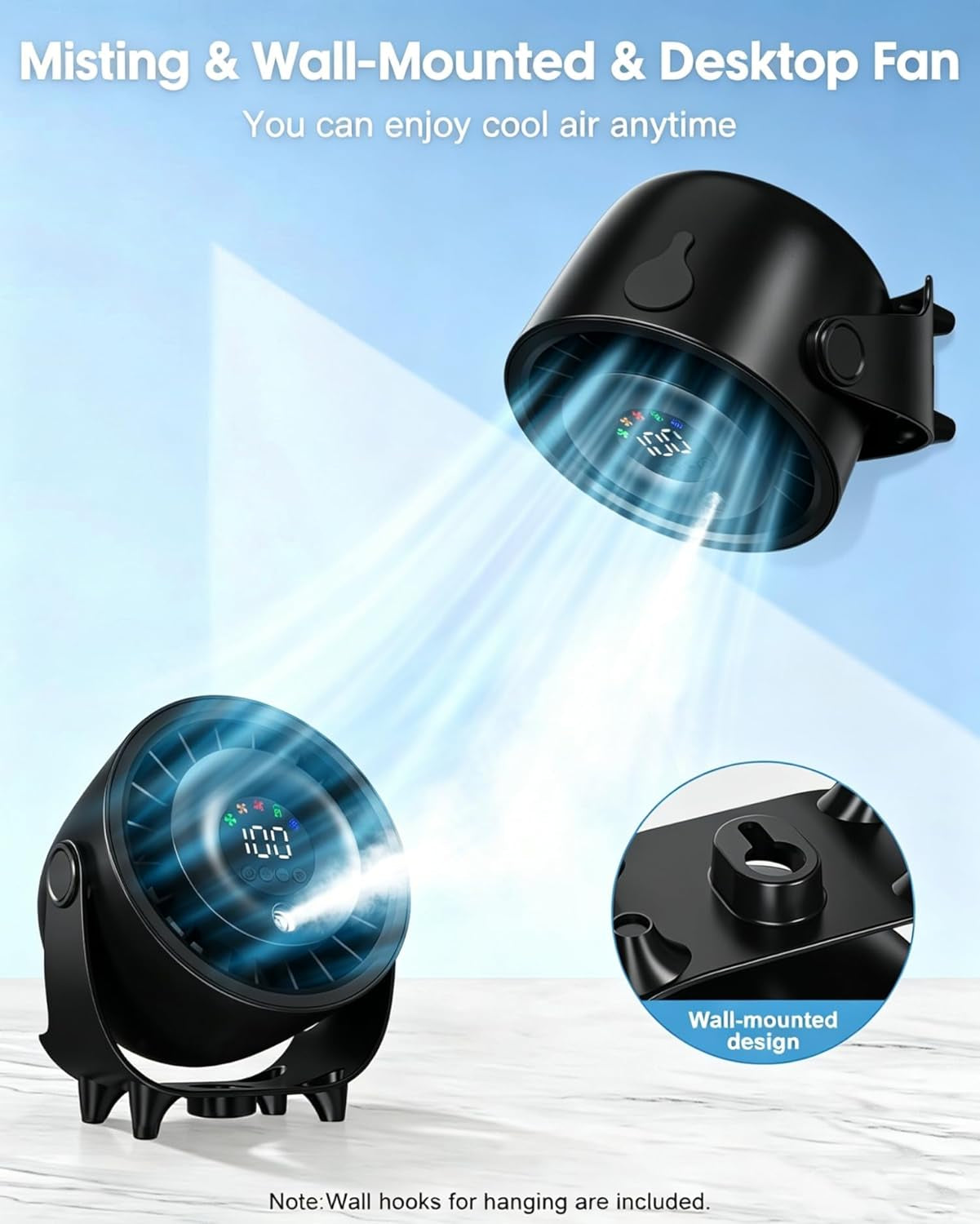 Small Desk Fan, 4000Mah Portable Misting Quiet Table Fan with Digital Display, Wall-Mouted Design USB Rechargeable Desk Fans for Office Bedroom Home Travel Outdoor Black