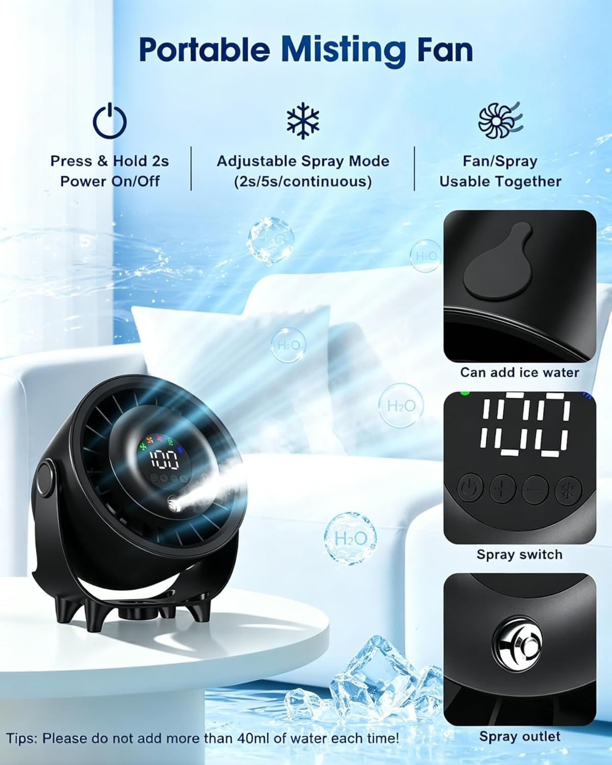 Small Desk Fan, 4000Mah Portable Misting Quiet Table Fan with Digital Display, Wall-Mouted Design USB Rechargeable Desk Fans for Office Bedroom Home Travel Outdoor Black