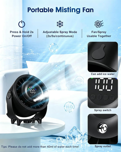 Small Desk Fan, 4000Mah Portable Misting Quiet Table Fan with Digital Display, Wall-Mouted Design USB Rechargeable Desk Fans for Office Bedroom Home Travel Outdoor Black