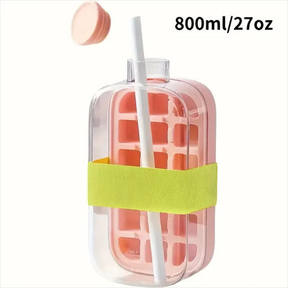 Ice Cube Bottle with Straw, 2 in 1 Touch-Free Push-Type Ice Cube Making Bottle, Easy Release Water Bottle Ice Mold