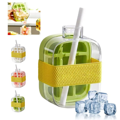 Ice Cube Bottle with Straw, 2 in 1 Touch-Free Push-Type Ice Cube Making Bottle, Easy Release Water Bottle Ice Mold