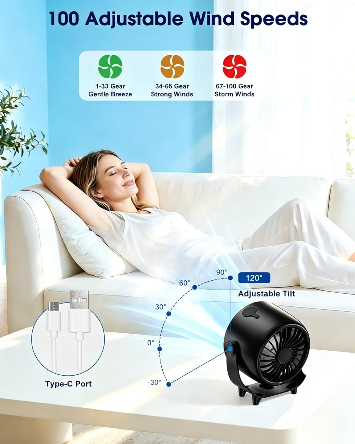 Small Desk Fan, 4000Mah Portable Misting Quiet Table Fan with Digital Display, Wall-Mouted Design USB Rechargeable Desk Fans for Office Bedroom Home Travel Outdoor Black